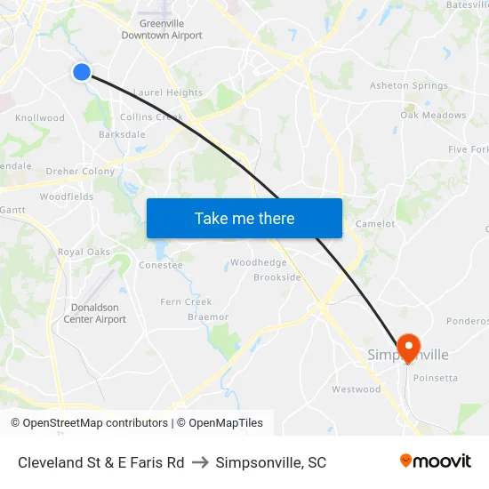 Cleveland St & E Faris Rd to Simpsonville, SC map