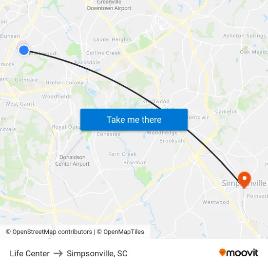 Life Center to Simpsonville, SC map