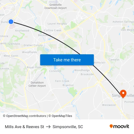 Mills Ave & Reeves St to Simpsonville, SC map