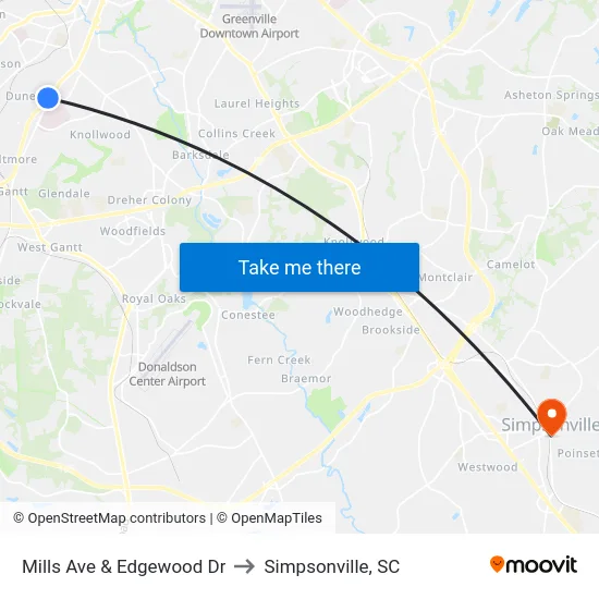 Mills Ave & Edgewood Dr to Simpsonville, SC map