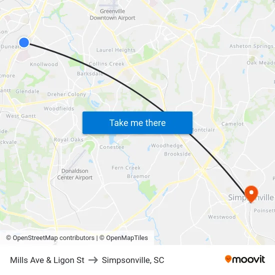 Mills Ave & Ligon St to Simpsonville, SC map