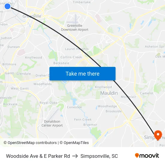 Woodside Ave & E Parker Rd to Simpsonville, SC map