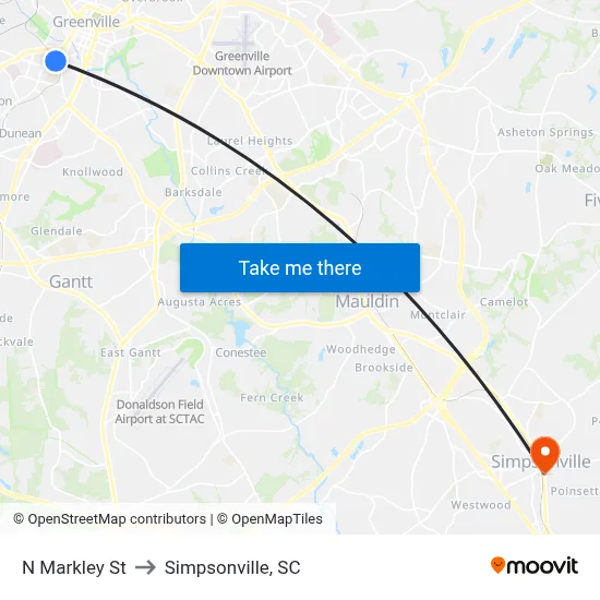 N Markley St to Simpsonville, SC map
