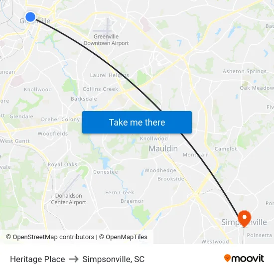 Heritage Place to Simpsonville, SC map