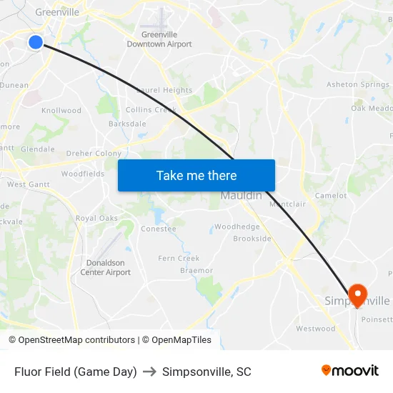 Fluor Field (Game Day) to Simpsonville, SC map