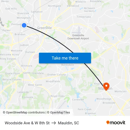 Woodside Ave & W 8th St to Mauldin, SC map