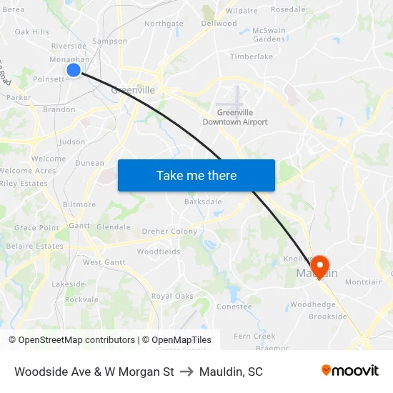 Woodside Ave & W Morgan St to Mauldin, SC map