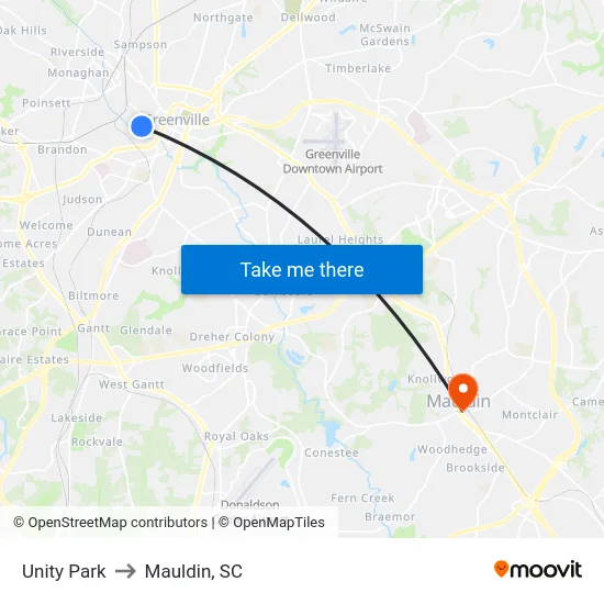 Unity Park to Mauldin, SC map