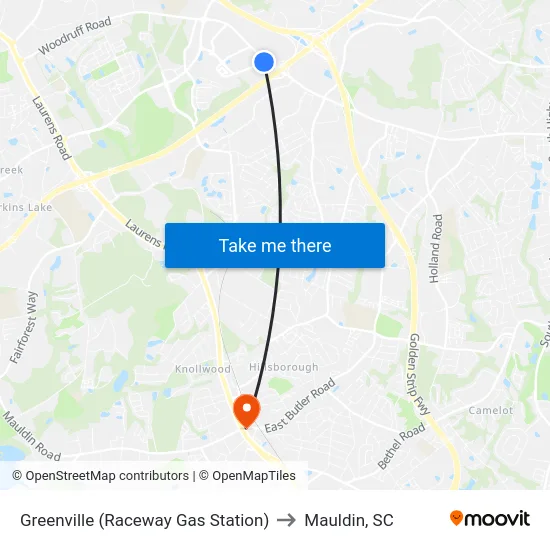 Greenville (Raceway Gas Station) to Mauldin, SC map