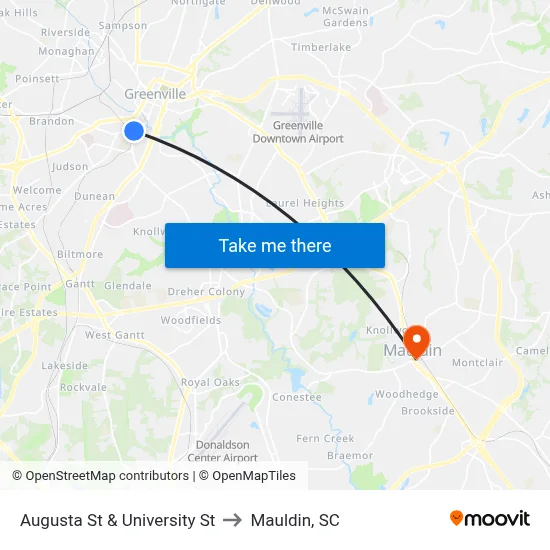 Augusta St & University St to Mauldin, SC map