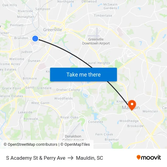 S Academy St & Perry Ave to Mauldin, SC map