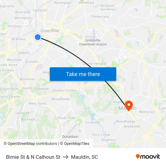Birnie St & N Calhoun St to Mauldin, SC map