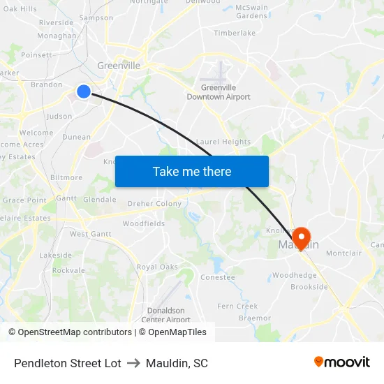 Pendleton Street Lot to Mauldin, SC map