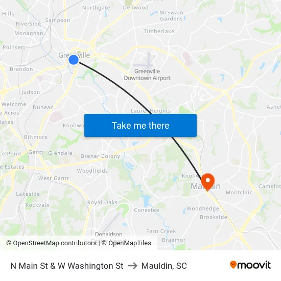 W Washington St to Mauldin, SC map