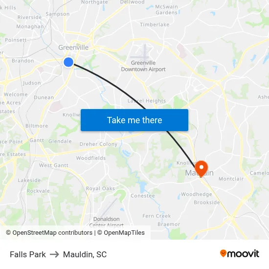 Falls Park to Mauldin, SC map