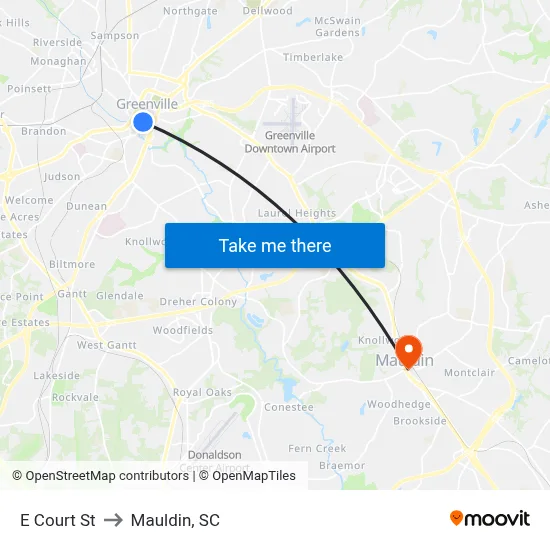 E Court St to Mauldin, SC map