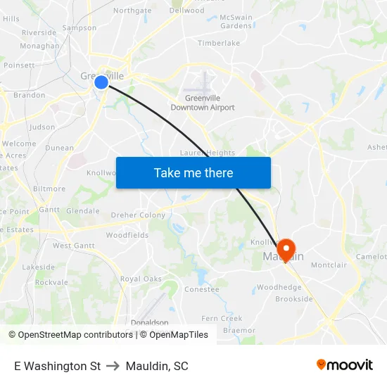 E Washington St to Mauldin, SC map