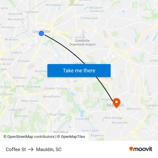 Coffee St to Mauldin, SC map