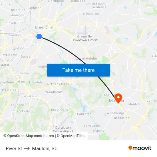 River St to Mauldin, SC map