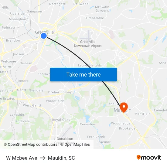 W Mcbee Ave to Mauldin, SC map