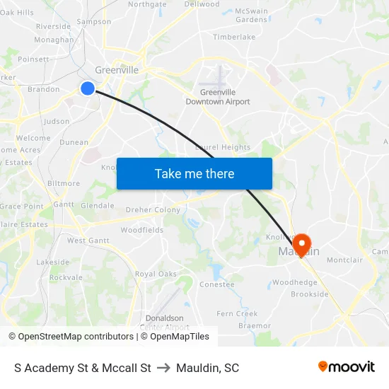 S Academy St & Mccall St to Mauldin, SC map