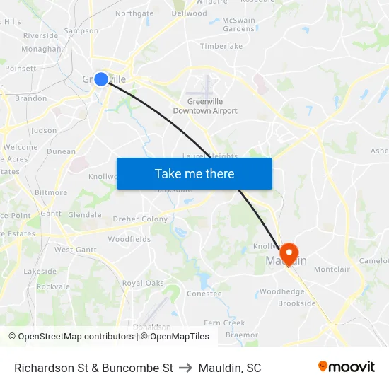 Richardson St & Buncombe St to Mauldin, SC map