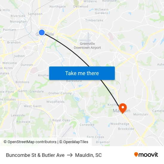 Buncombe St & Butler Ave to Mauldin, SC map
