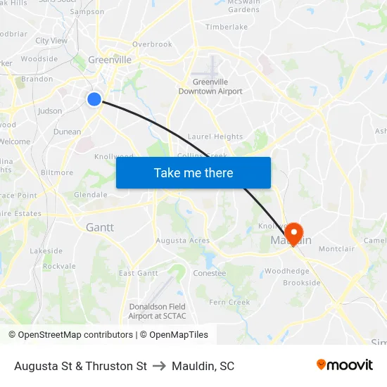 Augusta St & Thruston St to Mauldin, SC map