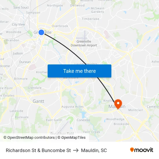 Richardson St & Buncombe St to Mauldin, SC map