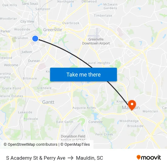 S Academy St & Perry Ave to Mauldin, SC map