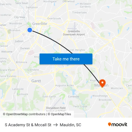 S Academy St & Mccall St to Mauldin, SC map