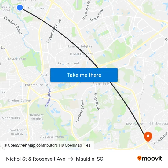 Nichol St & Roosevelt Ave to Mauldin, SC map