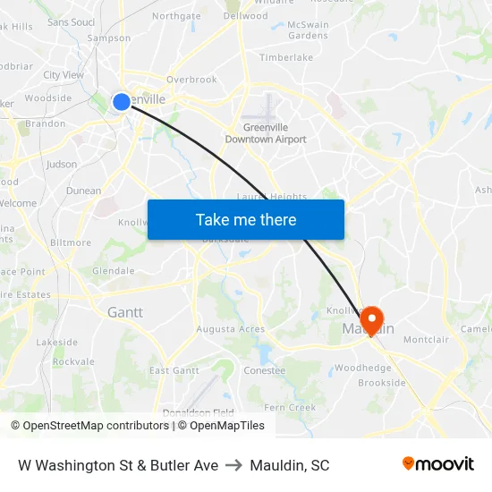 W Washington St & Butler Ave to Mauldin, SC map