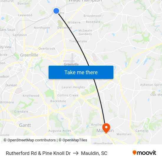 Rutherford Rd & Pine Knoll Dr to Mauldin, SC map