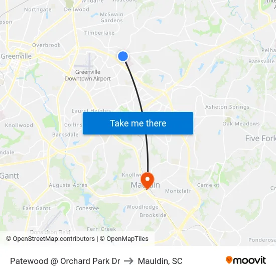 Patewood @ Orchard Park Dr to Mauldin, SC map