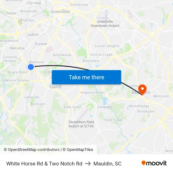 White Horse Rd & Two Notch Rd to Mauldin, SC map