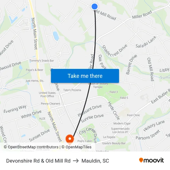 Devonshire Rd & Old Mill Rd to Mauldin, SC map