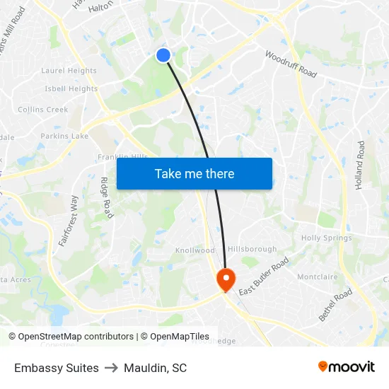 Embassy Suites to Mauldin, SC map