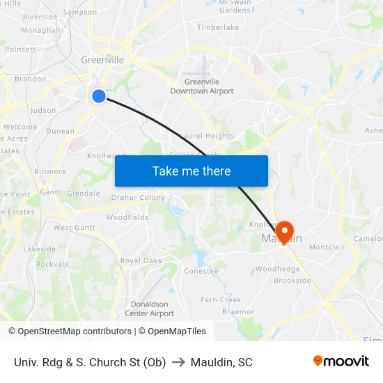 Univ. Rdg & S. Church St (Ob) to Mauldin, SC map