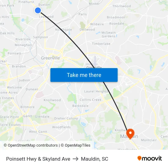 Poinsett Hwy & Skyland Ave to Mauldin, SC map