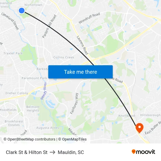 Clark St & Hilton St to Mauldin, SC map