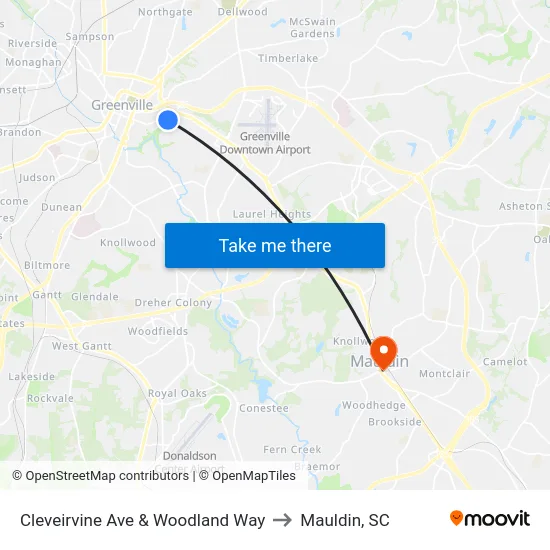 Cleveirvine Ave & Woodland Way to Mauldin, SC map