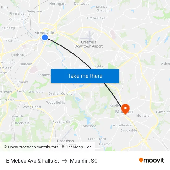 E Mcbee Ave & Falls St to Mauldin, SC map