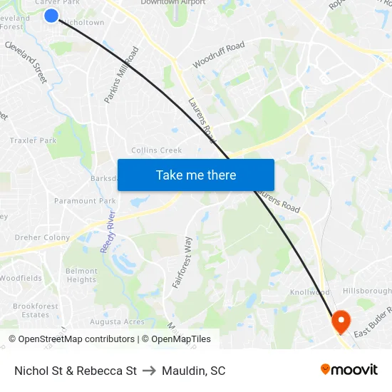 Nichol St & Rebecca St to Mauldin, SC map