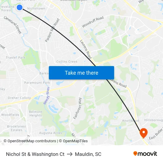 Nichol St & Washington Ct to Mauldin, SC map