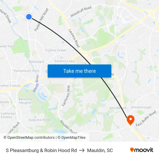 S Pleasantburg & Robin Hood Rd to Mauldin, SC map