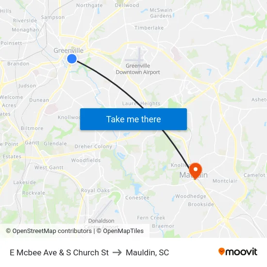 E Mcbee Ave & S Church St to Mauldin, SC map
