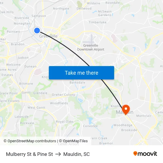 Mulberry St & Pine St to Mauldin, SC map