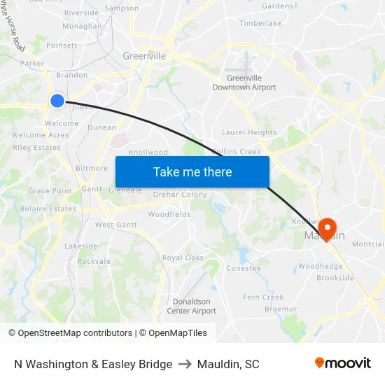 N Washington & Easley Bridge to Mauldin, SC map
