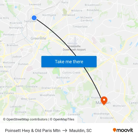Poinsett Hwy & Old Paris Mtn to Mauldin, SC map